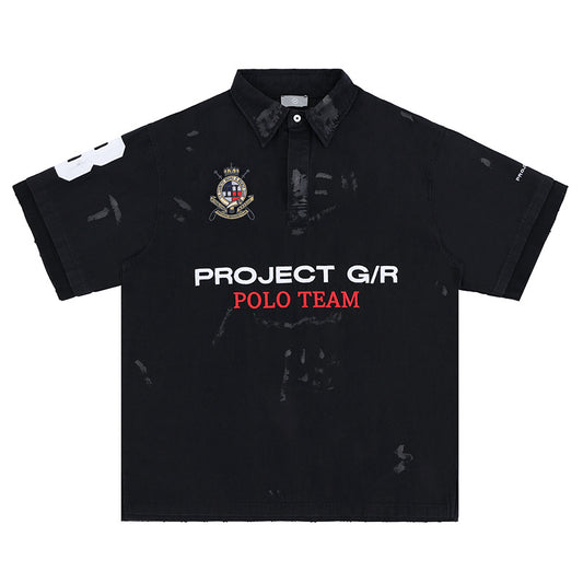Men's Polo Shirt with Patchwork Badge Letter Embroidery Football