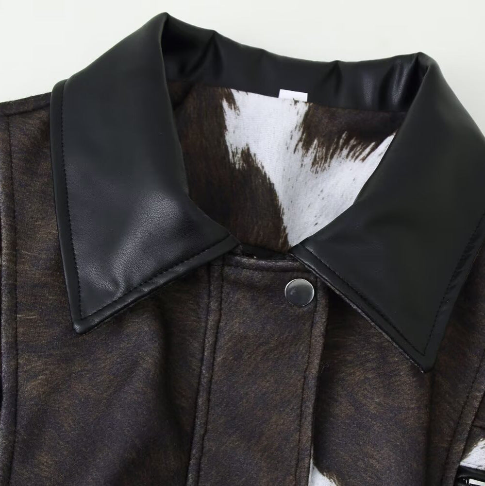 Printed leather jacket short jacket