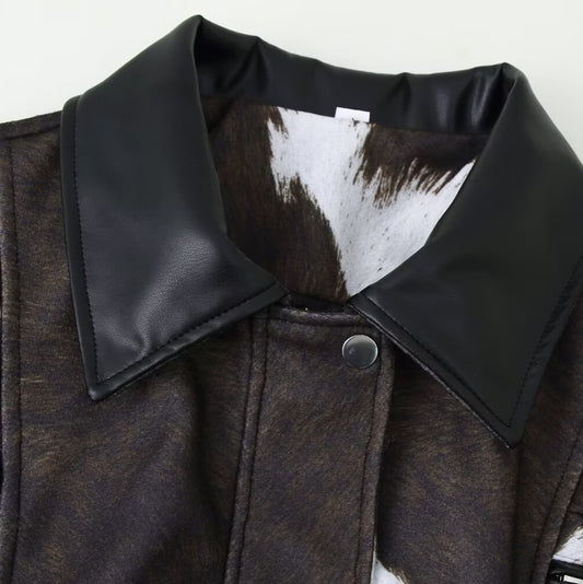 Printed leather jacket short jacket