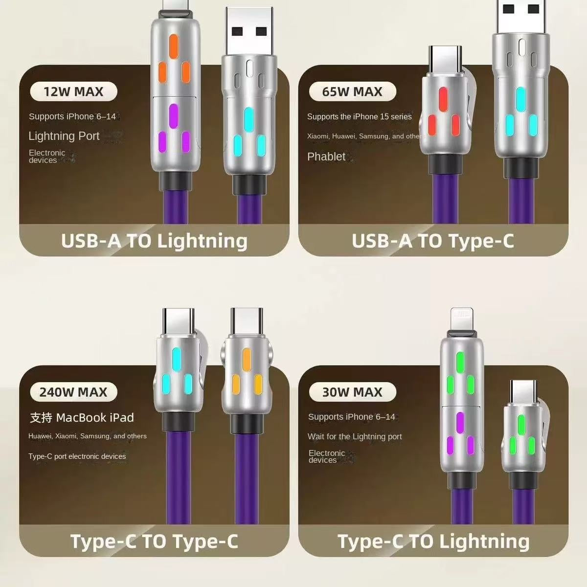 Colorful LED Silicone 4-in-1 Charging Cable