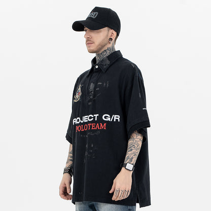Men's Polo Shirt with Patchwork Badge Letter Embroidery Football