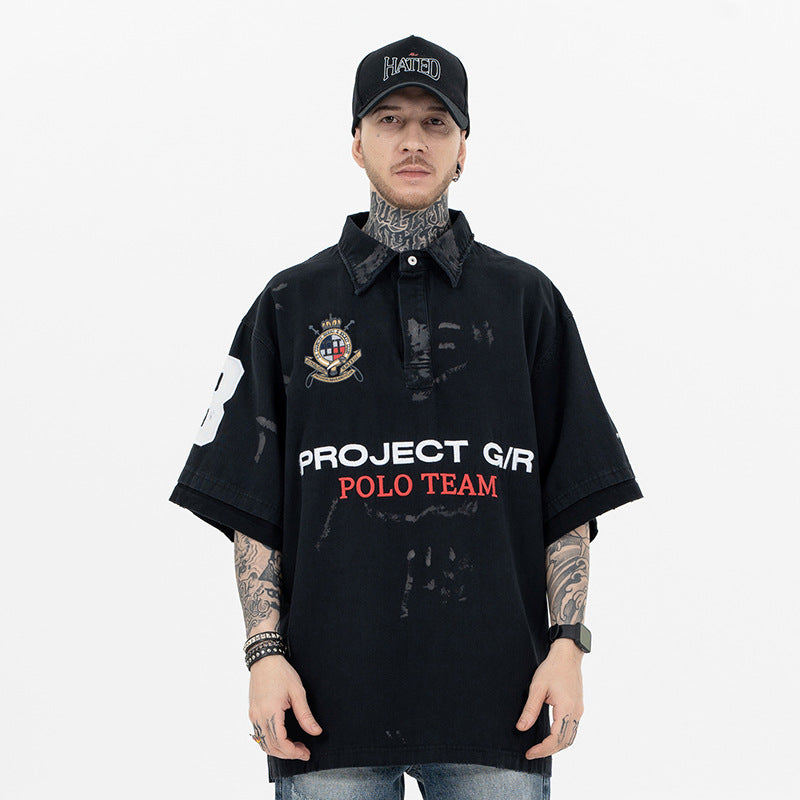 Men's Polo Shirt with Patchwork Badge Letter Embroidery Football