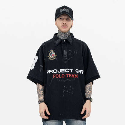 Men's Polo Shirt with Patchwork Badge Letter Embroidery Football