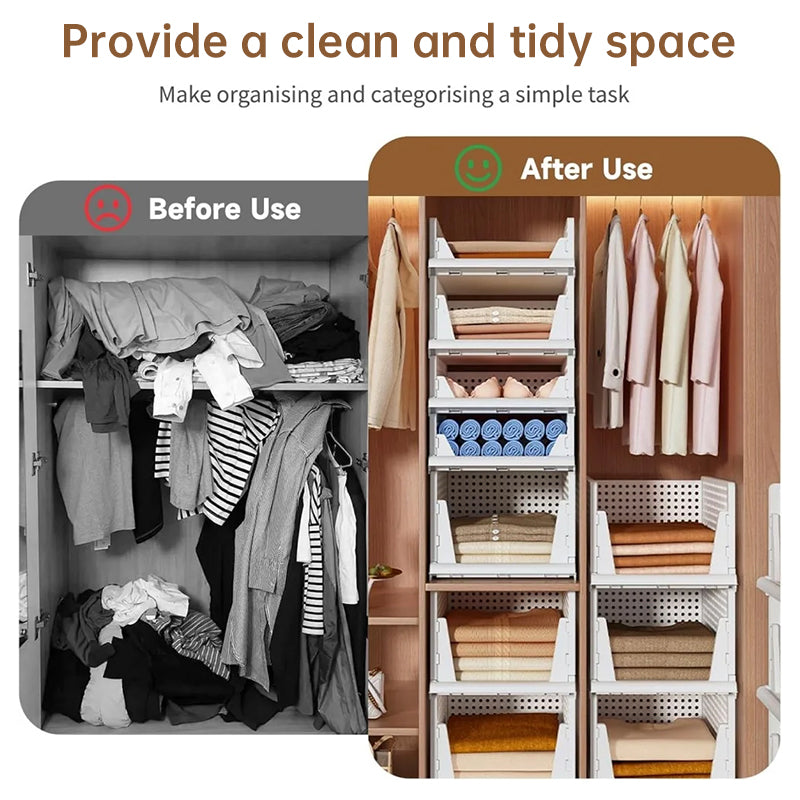 4 Pack Plastic Closet Organizer Bins, Stackable Foldable Storage