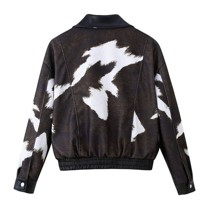Printed leather jacket short jacket