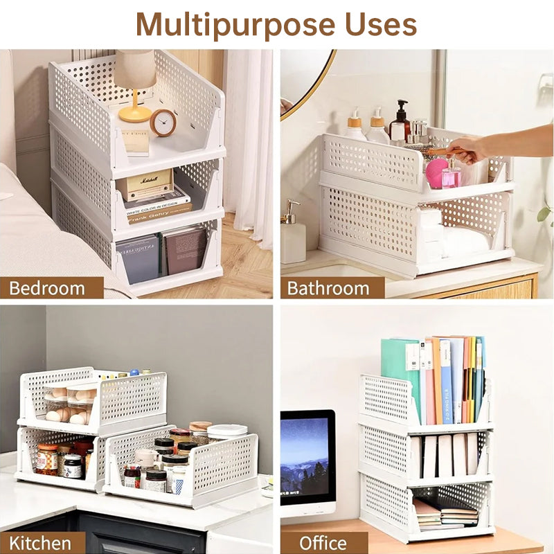 4 Pack Plastic Closet Organizer Bins, Stackable Foldable Storage