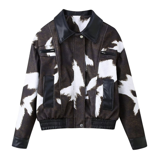 Printed leather jacket short jacket