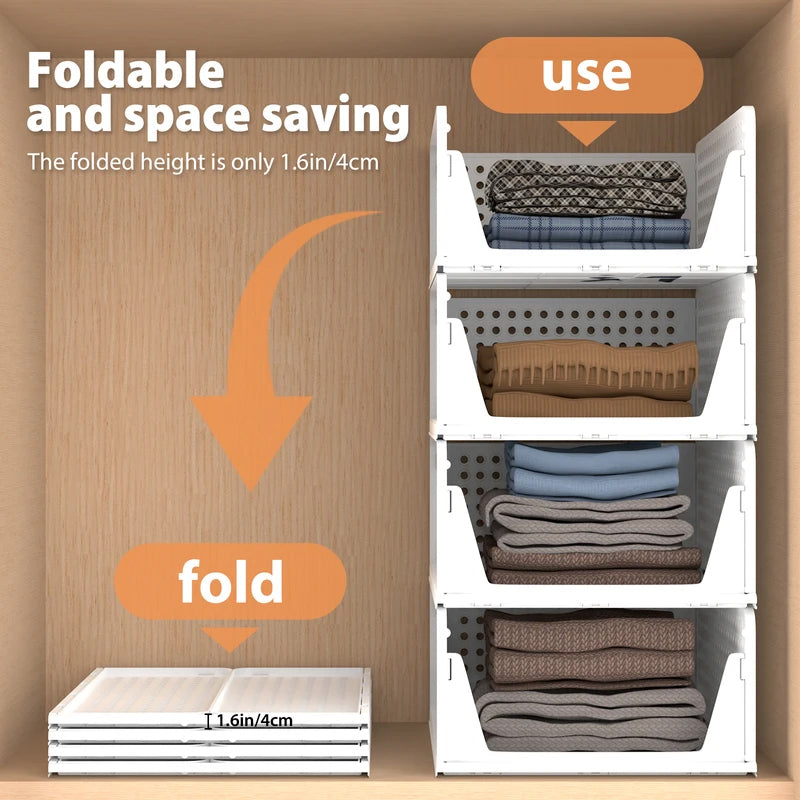 4 Pack Plastic Closet Organizer Bins, Stackable Foldable Storage