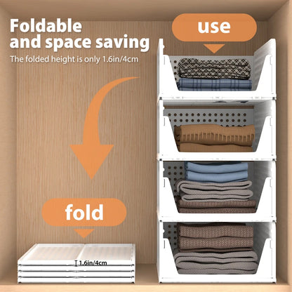 4 Pack Plastic Closet Organizer Bins, Stackable Foldable Storage