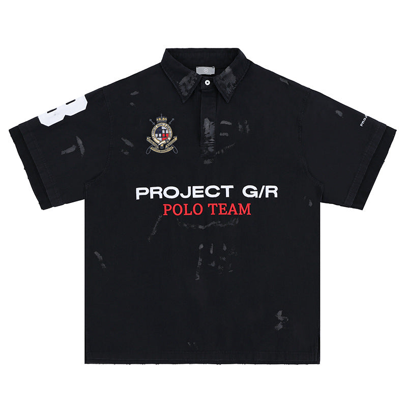 Men's Polo Shirt with Patchwork Badge Letter Embroidery Football