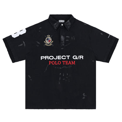 Men's Polo Shirt with Patchwork Badge Letter Embroidery Football