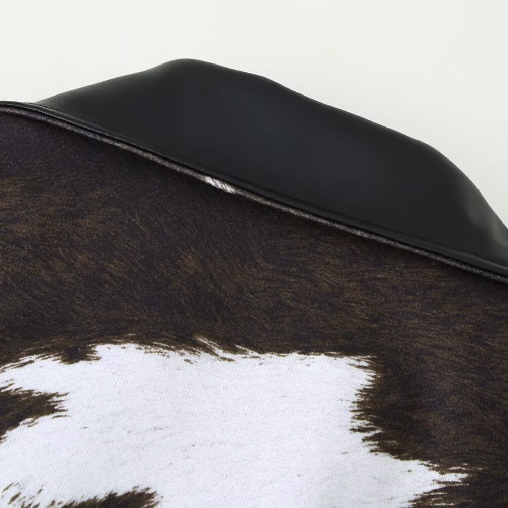 Printed leather jacket short jacket