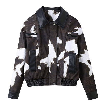 Printed leather jacket short jacket