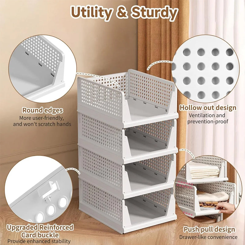 4 Pack Plastic Closet Organizer Bins, Stackable Foldable Storage