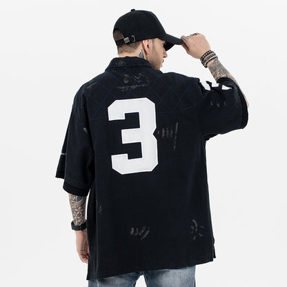 Men's Polo Shirt with Patchwork Badge Letter Embroidery Football